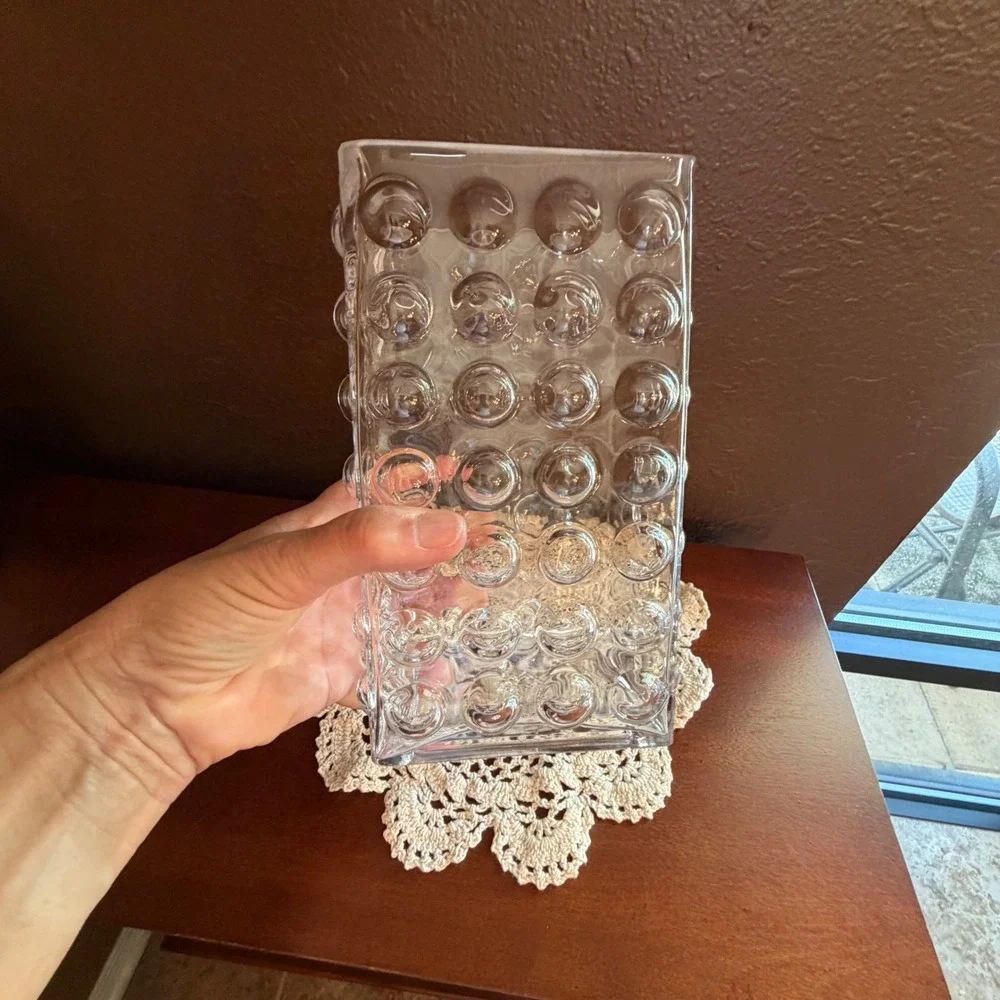 Vintage Rectangular Clear Glass Hobnail Bubble Texture Vase 8 Inch Tall MCM